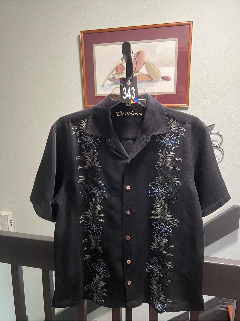 NWT Caribbean Men’s Black Short-Sleeve Embroidered Hawaiian Shirt Large #343